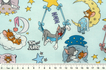 BW-Stoff Popeline Dig. Tom+Jerry Mond/Sterne - blau 150cm