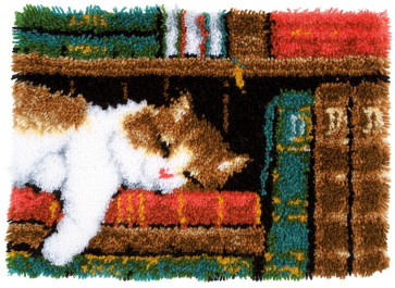 VER Knüpfteppichpackung Katze im Bücherregal
