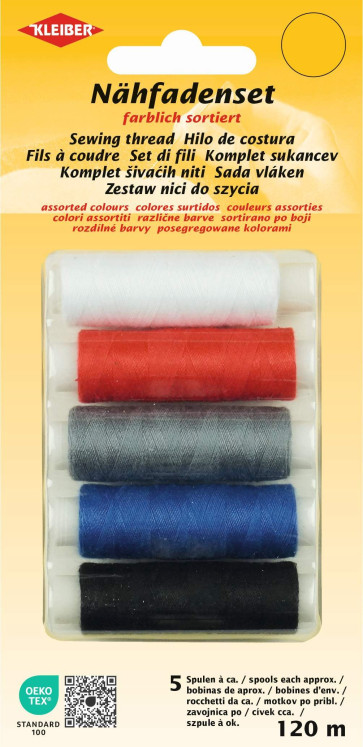 KLEIBER Nähfaden-Set 5Spulená120m/weiß,rot,grau,blau,sw