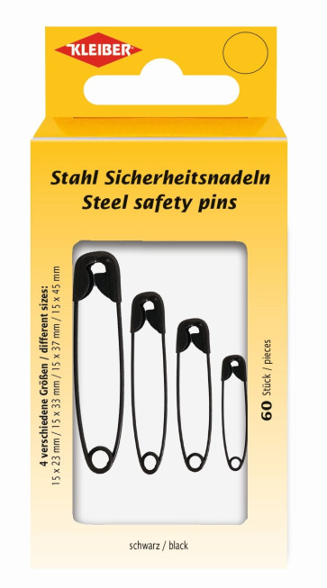 KLEIBER Stahl Sicherheitsnadeln 60Stk./15x23,33,37,45mm/sw
