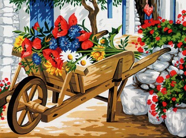 MARGOT Stramin "Scheibtruhe m.Blumen"30x40