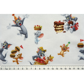 BW-Stoff Popeline Dig. Tom + Jerry Party - weiss 150cm